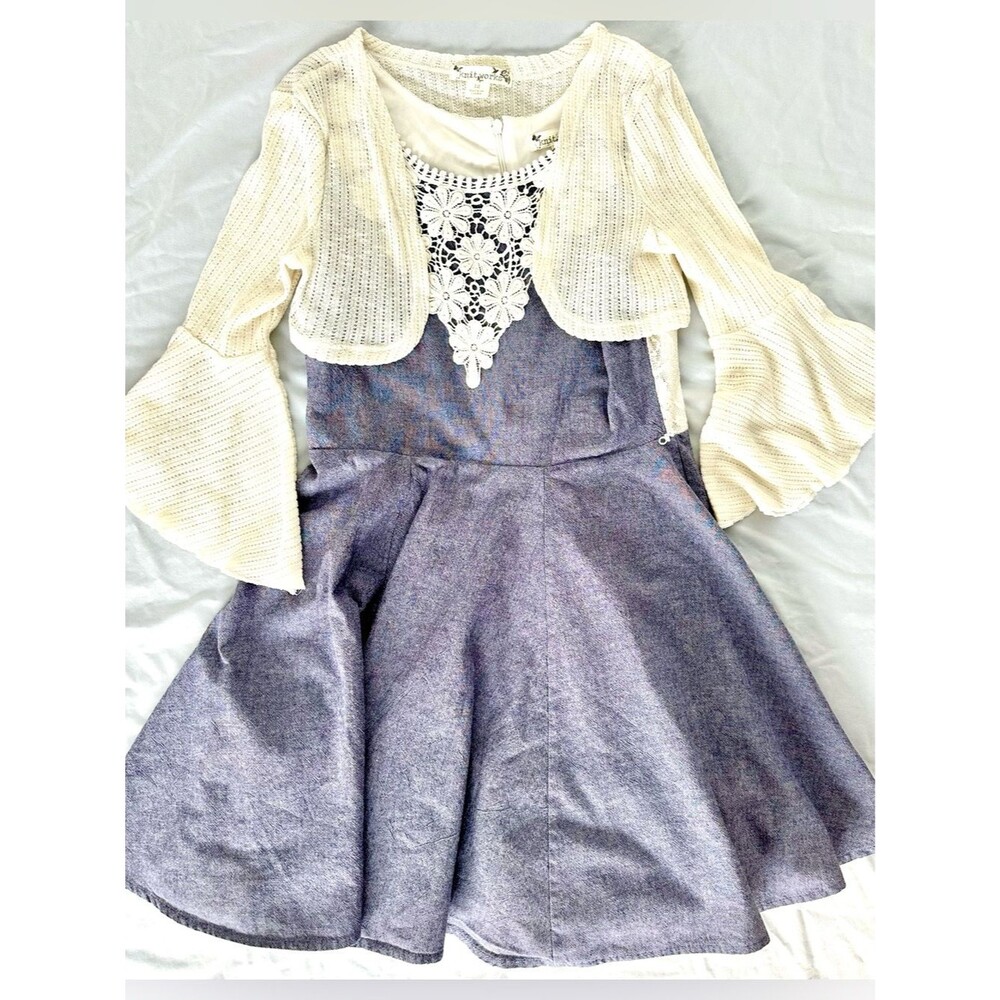 Knitworks Girls Size 12 Boho Dress & Cream Crochet Cardigan – Bell Sleeves Lace